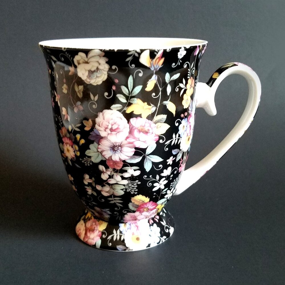 Stechcol Gracie Bone China Black Floral Footed Mug